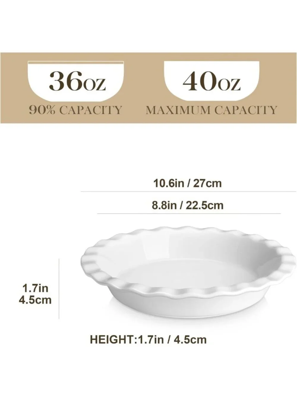9-Inch Ceramic Pie Pan - Non-Stick Deep Baking Dish for Quiche, Tart & Apple